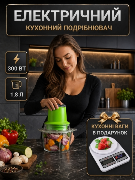 Електричний кухонний подрібнювач + кухонні ваги в подарунок!